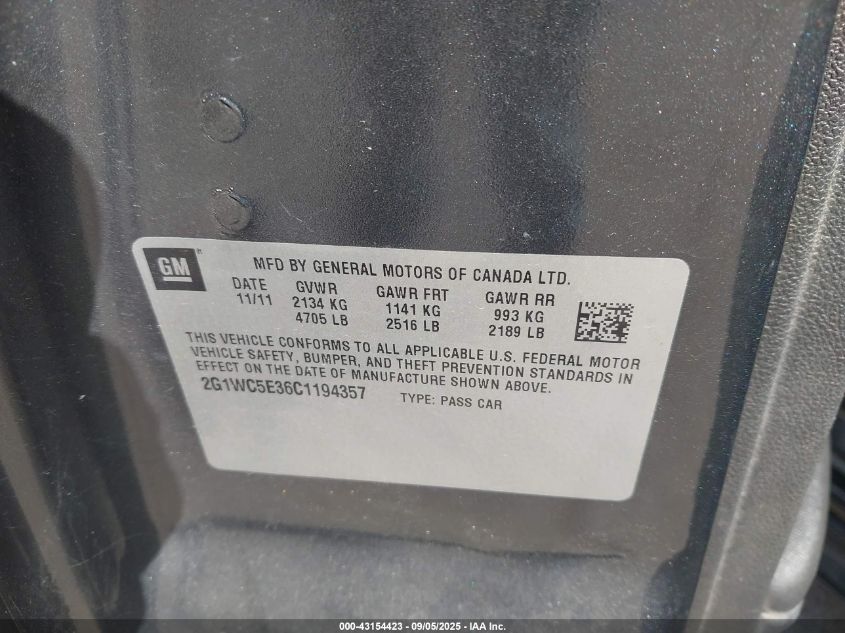 2012 Chevrolet Impala Ltz VIN: 2G1WC5E36C1194357 Lot: 43154423