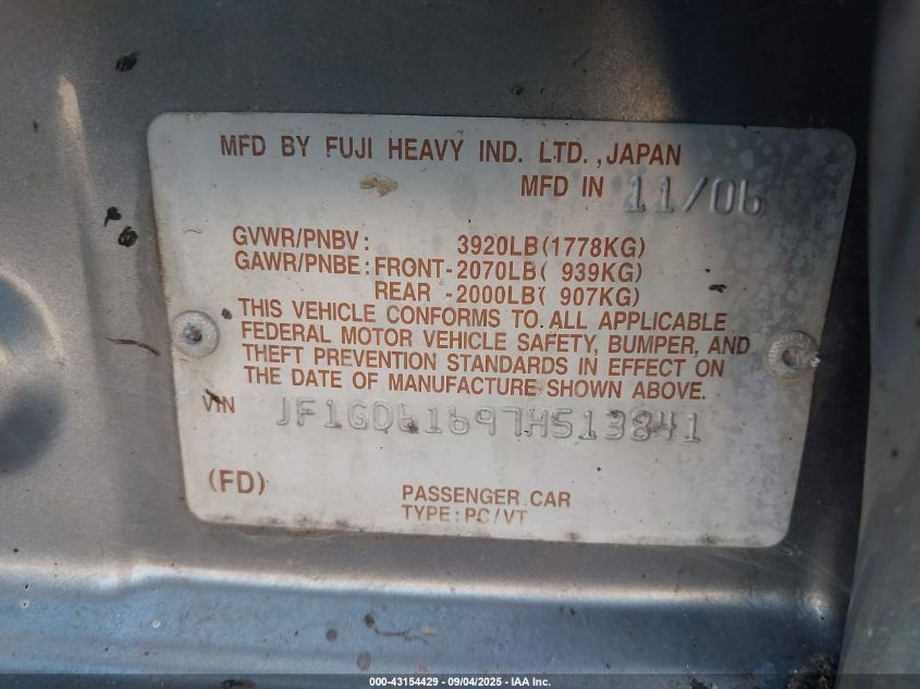 2007 Subaru Impreza 2.5I VIN: JF1GD61697H513841 Lot: 43154429