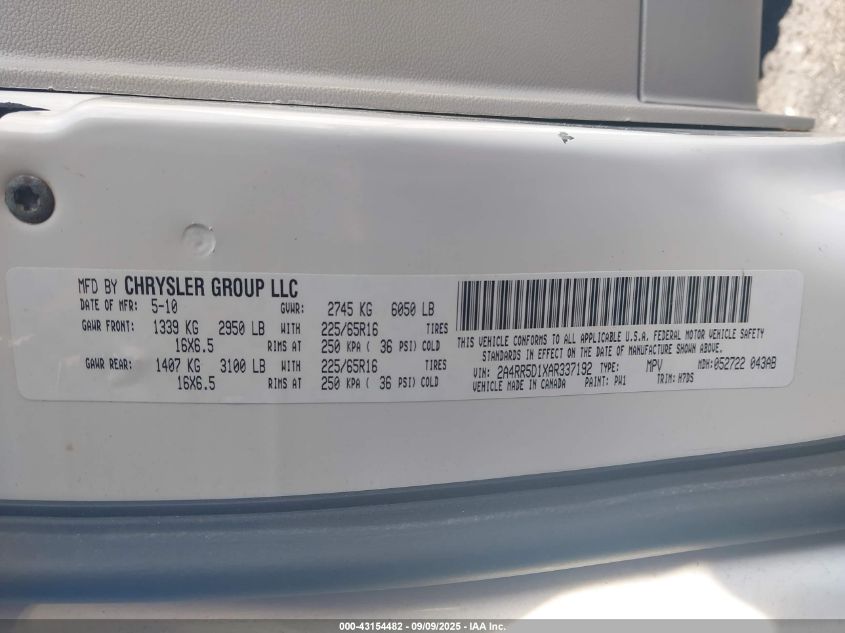 2010 Chrysler Town & Country Touring VIN: 2A4RR5D1XAR337192 Lot: 43154482