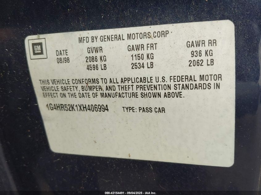 1999 Buick Lesabre Limited VIN: 1G4HR52K1X8406994 Lot: 43154491