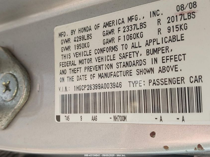 2009 Honda Accord 2.4 Lx VIN: 1HGCP26399A003946 Lot: 43154541