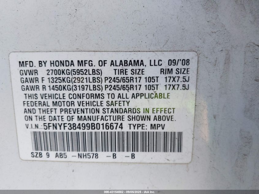 2009 Honda Pilot Ex VIN: 5FNYF38499B016674 Lot: 43154582