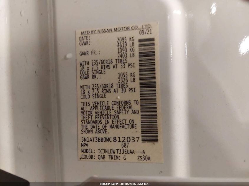 2021 Nissan Rogue Sv Intelligent Awd VIN: 5N1AT3BB0MC812037 Lot: 43154611