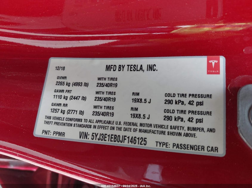VIN 5YJ3E1EB0JF146125 2018 TESLA MODEL 3 LONG RANGE/PERFORMANCE