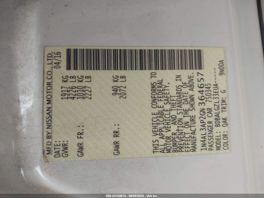 1N4AL3AP2GN364657 2016 NISSAN ALTIMA photo no. 9