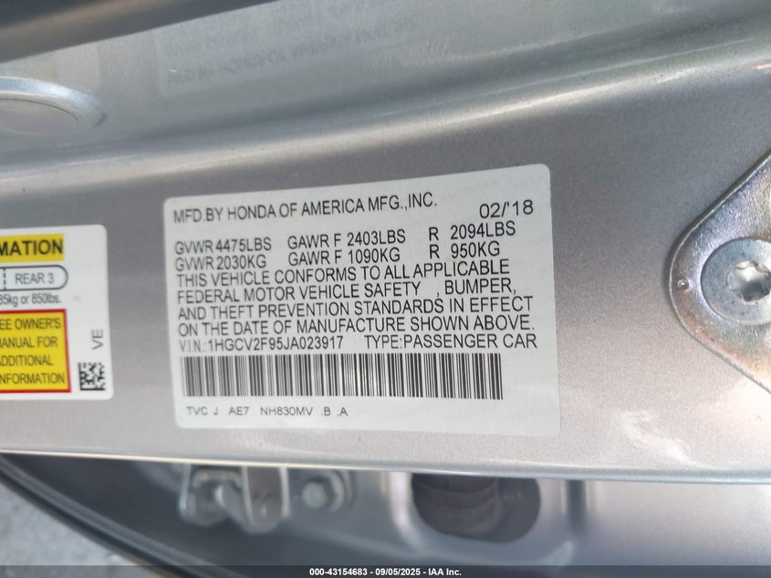 2018 HONDA ACCORD TOURING - 1HGCV2F95JA023917