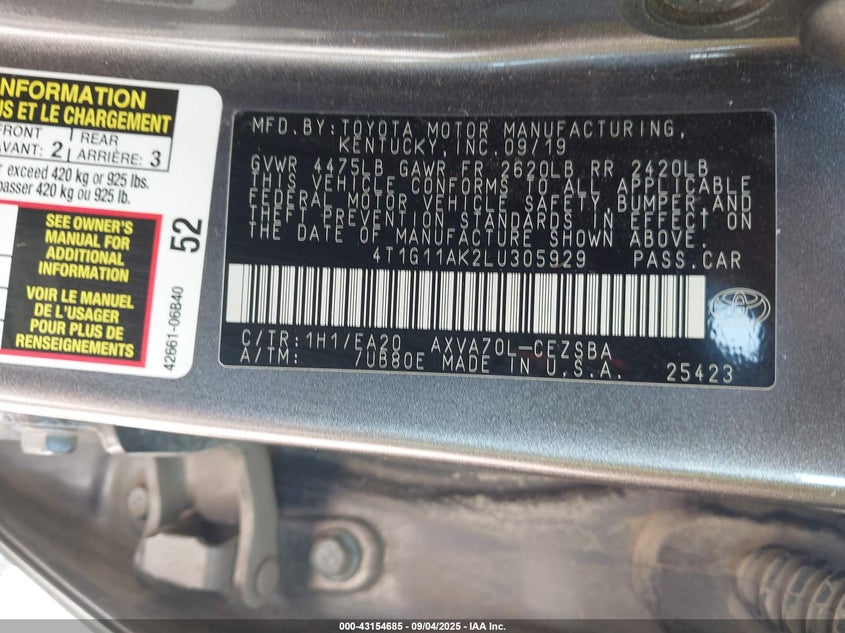 2020 TOYOTA CAMRY SE 4T1G11AK2LU305929