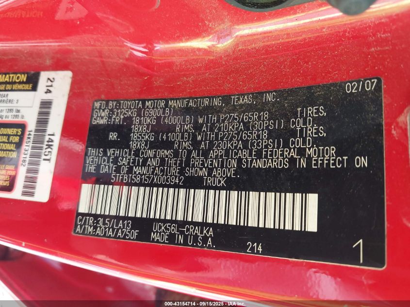 2007 Toyota Tundra Limited 4.7L V8 VIN: 5TFBT58157X003942 Lot: 43154714