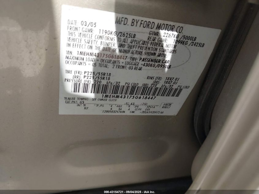 2005 Mercury Montego Premier VIN: 1MEHM43175G618447 Lot: 43154721