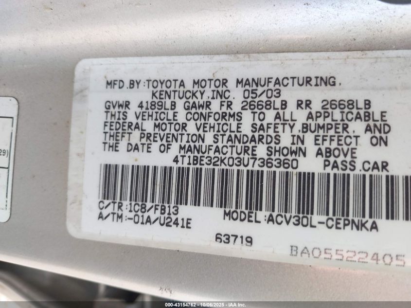 2003 Toyota Camry Le VIN: 4T1BE32K03U736360 Lot: 43154762