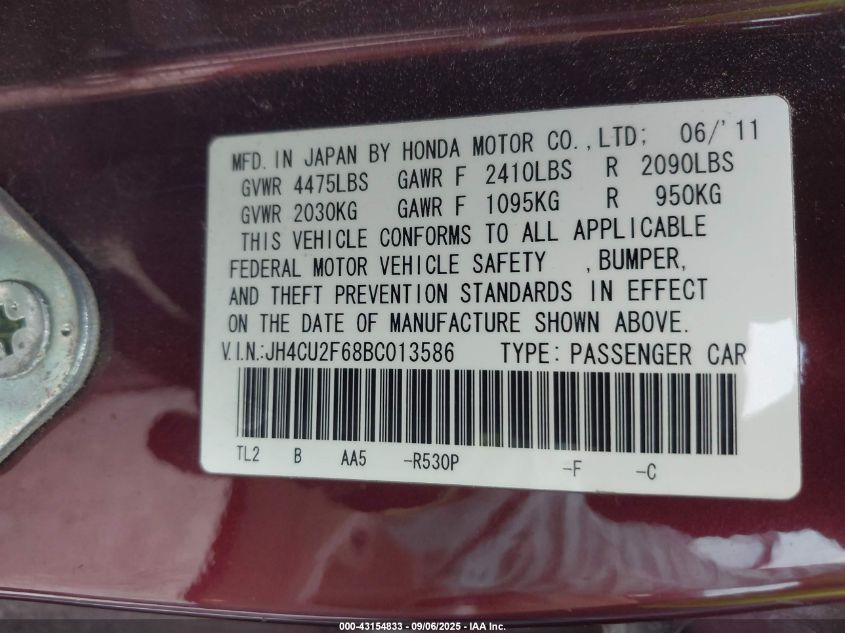 2011 Acura Tsx 2.4 VIN: JH4CU2F68BC013586 Lot: 43154833