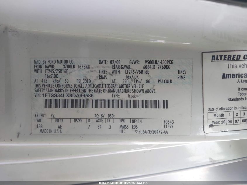 2008 Ford E-350 Super Duty Commercial/Recreational VIN: 1FTSS34LX8DA96586 Lot: 43154850
