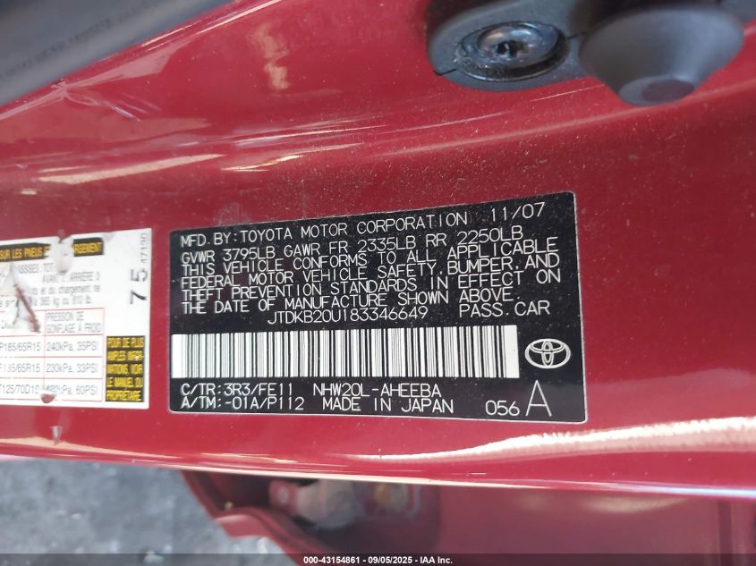 2008 Toyota Prius VIN: JTDKB20U183346649 Lot: 43154861