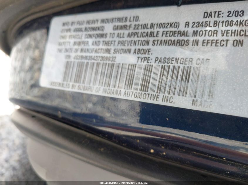 2003 Subaru Legacy L/L W/Special Edition Package VIN: 4S3BH635437309932 Lot: 43154950
