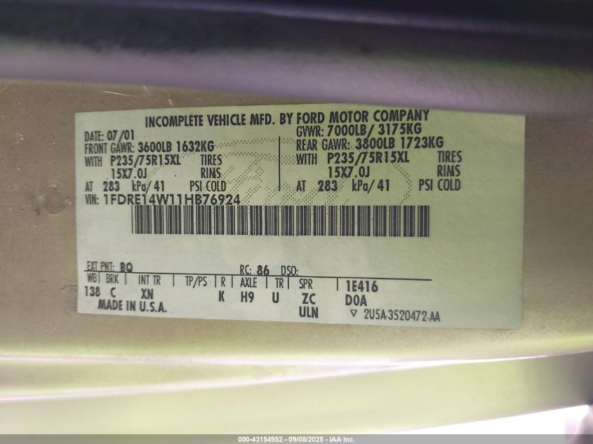 2001 Ford Econoline E150 Van VIN: 1FDRE14WT11B7694 Lot: 43154952