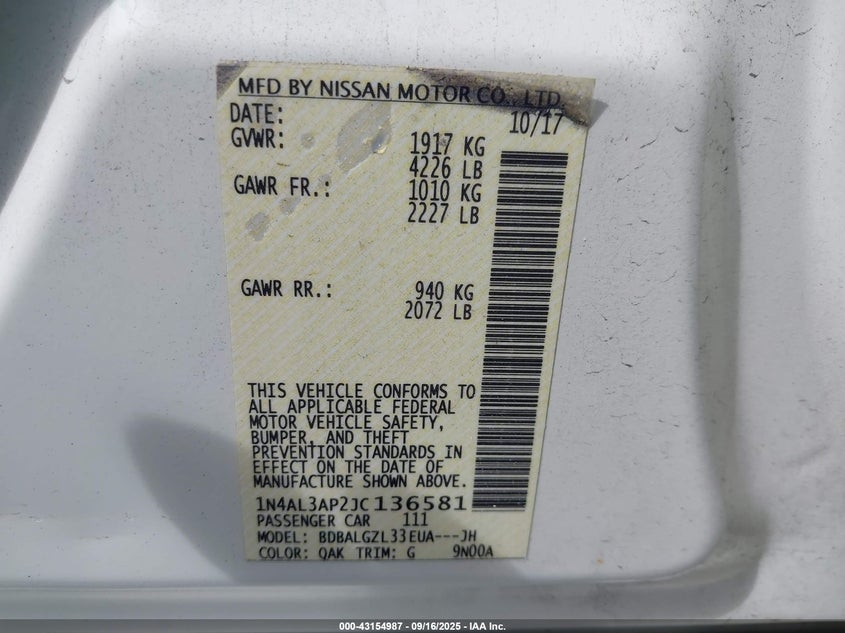 2018 Nissan Altima 2.5 S VIN: 1N4AL3AP2JC136581 Lot: 43154987