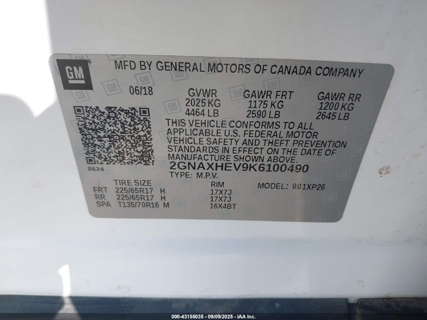 2019 Chevrolet Equinox Ls VIN: 2GNAXHEV9K6100490 Lot: 43155035