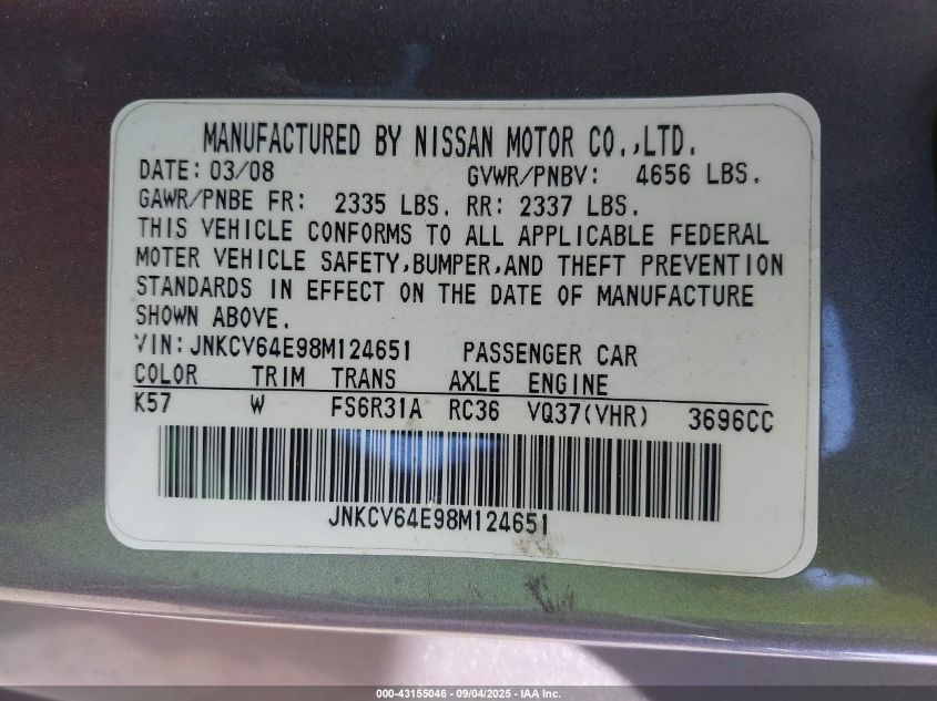 2008 Infiniti G37 Sport VIN: JNKCV64E98M124651 Lot: 43155046