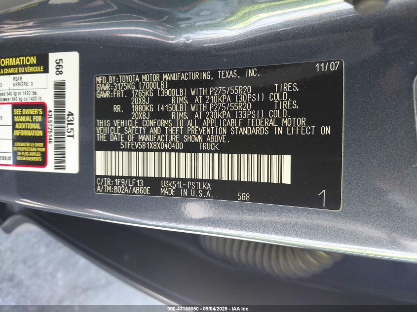 2008 Toyota Tundra Limited 5.7L V8 VIN: 5TFEV581X8X040400 Lot: 43155050