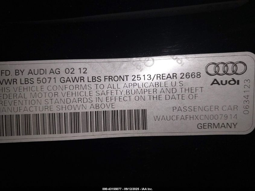 2012 Audi A5 2.0T Premium VIN: WAUCFAFHXCN007914 Lot: 43155077