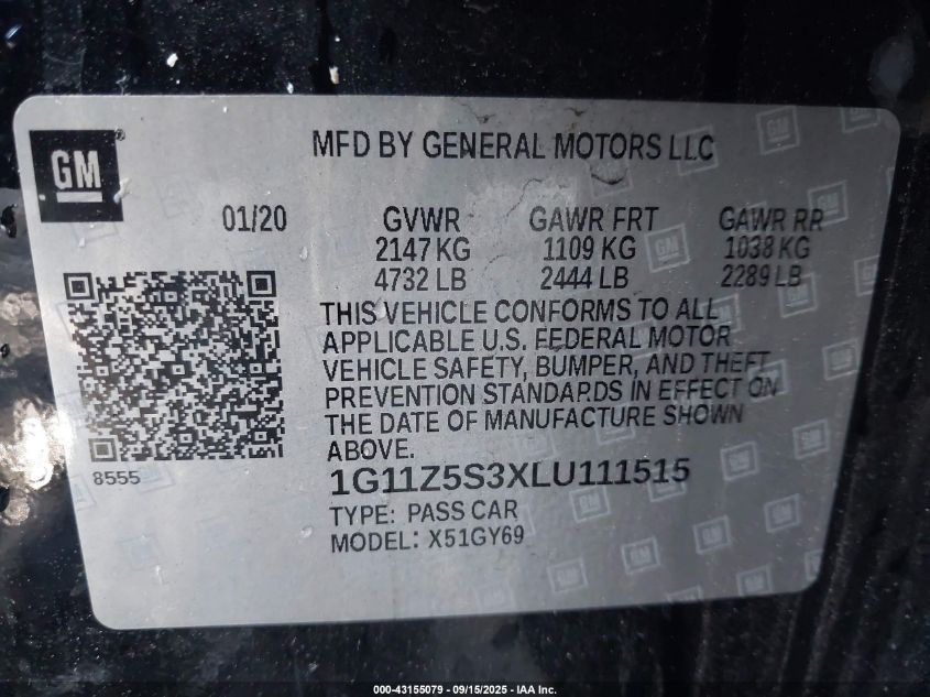 2020 Chevrolet Impala Fwd Lt VIN: 1G11Z5S3XLUU11151 Lot: 43155079