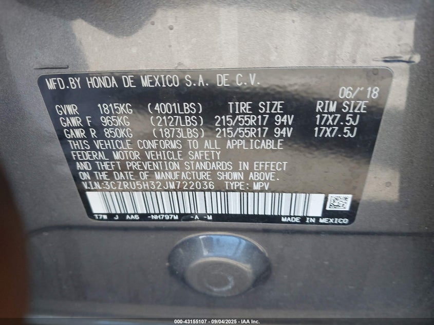 2018 HONDA HR-V LX - 3CZRU5H32JM722036