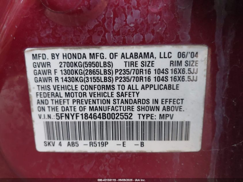 2004 Honda Pilot Ex VIN: 5FNYF18464B002552 Lot: 43155119