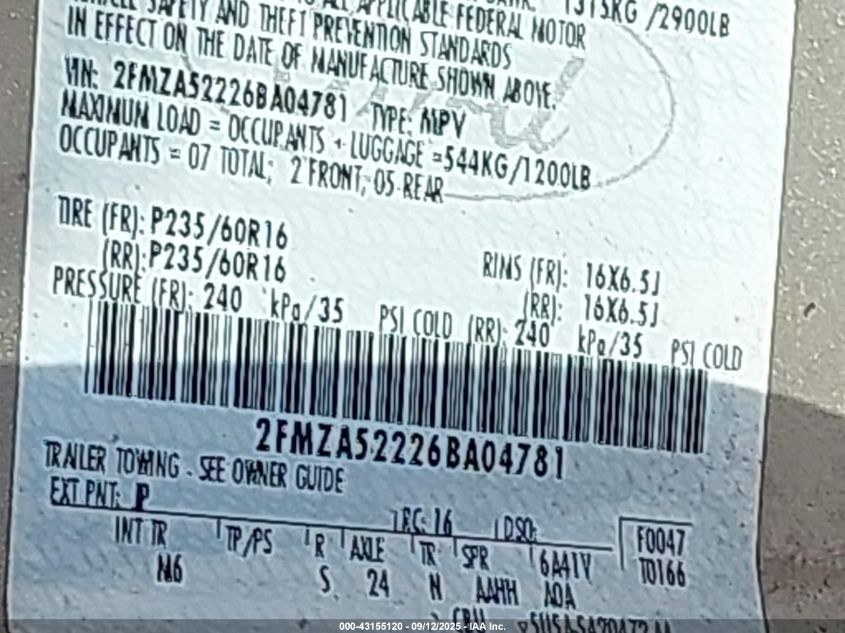 2006 Ford Freestar Sel VIN: 2FMZA52226BA04781 Lot: 43155120