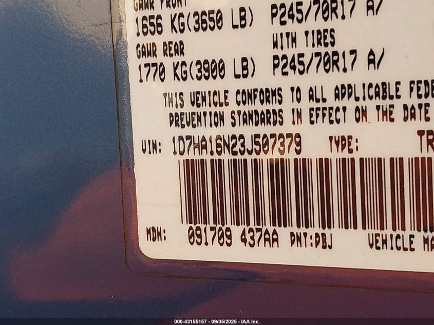 2003 Dodge Ram 1500 Slt/Laramie/St VIN: 1D7HA16N23J507379 Lot: 43155157
