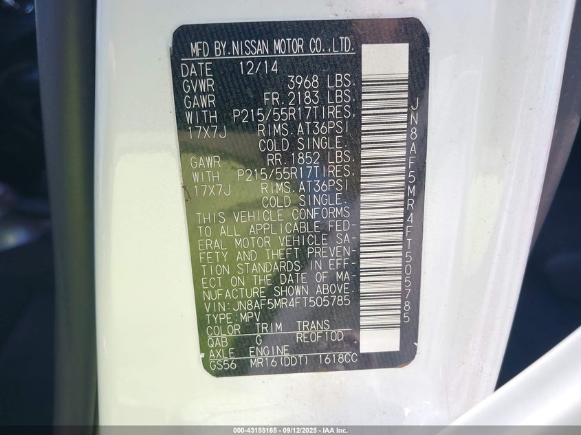 2015 NISSAN JUKE SV JN8AF5MR4FT505785