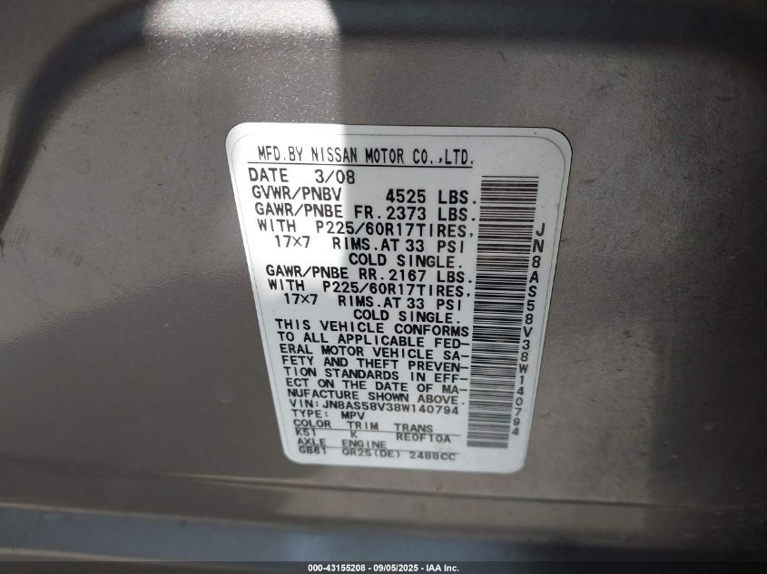 2008 Nissan Rogue Sl VIN: JN8AS58V38W140794 Lot: 43155208