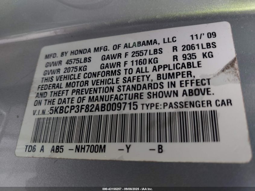 2010 Honda Accord 3.5 Ex-L VIN: 5KBCP3F82AB009715 Lot: 43155257