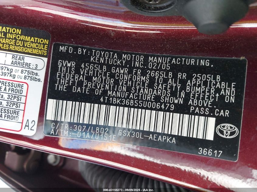 2005 Toyota Avalon Limited/Touring/Xl/Xls VIN: 4T1BK36B55U006479 Lot: 43155273