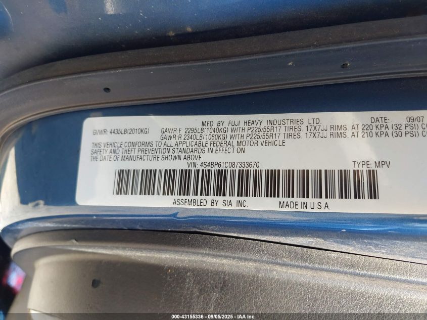 2008 Subaru Outback 2.5I/2.5I L.l. Bean Edition VIN: 4S4BP61C087333670 Lot: 43155336