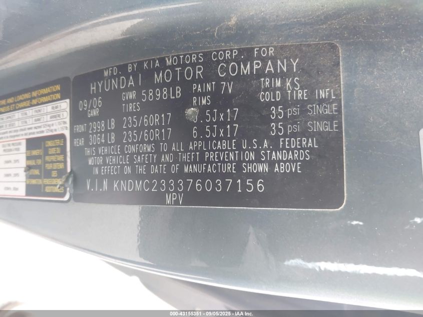 2007 Hyundai Entourage Gls/Limited/Se VIN: KNDMC233376037156 Lot: 43155351