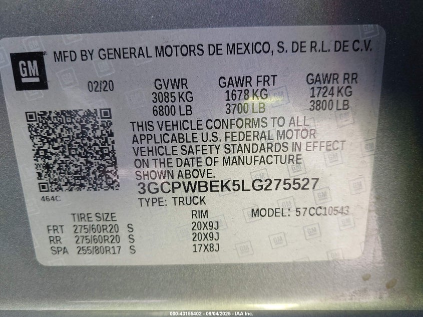 2020 CHEVROLET SILVERADO 1500 2WD  SHORT BED CUSTOM - 3GCPWBEK5LG275527