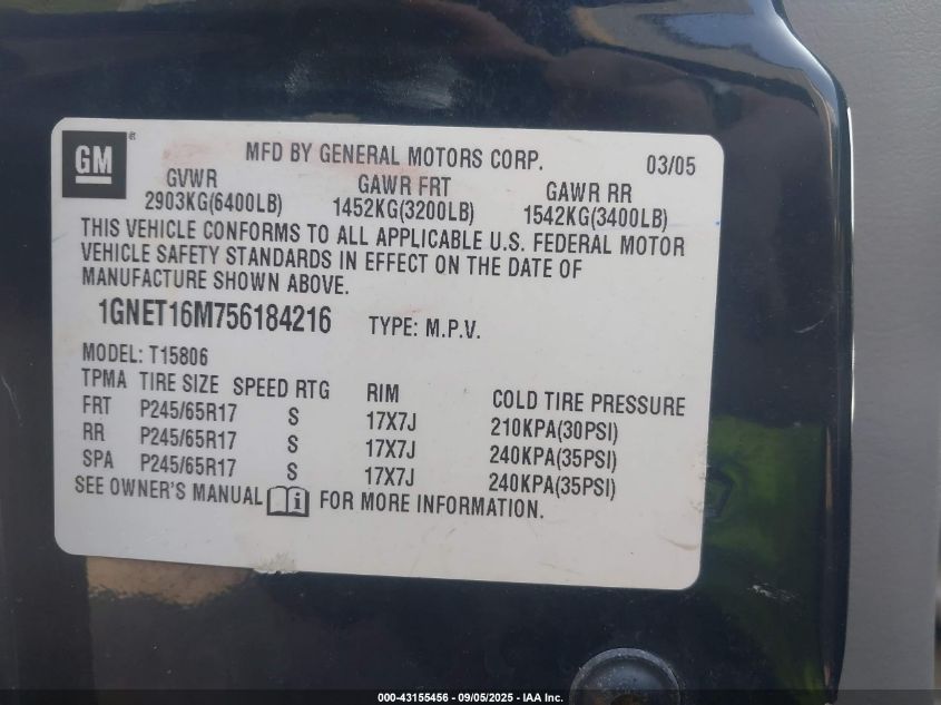 2005 Chevrolet Trailblazer Ext Lt VIN: 1GNET16M756184216 Lot: 43155456