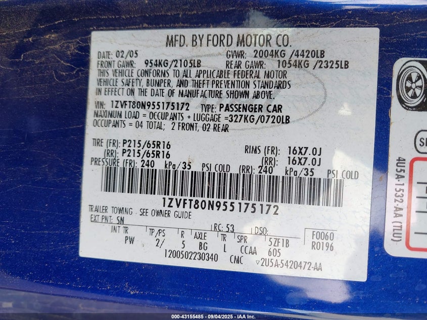 2005 Ford Mustang V6 Deluxe/V6 Premium VIN: 1ZVFT80N955175172 Lot: 43155485