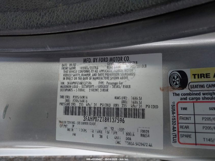 2008 Ford Fusion Se VIN: 3FAHP07Z18R137596 Lot: 43155487