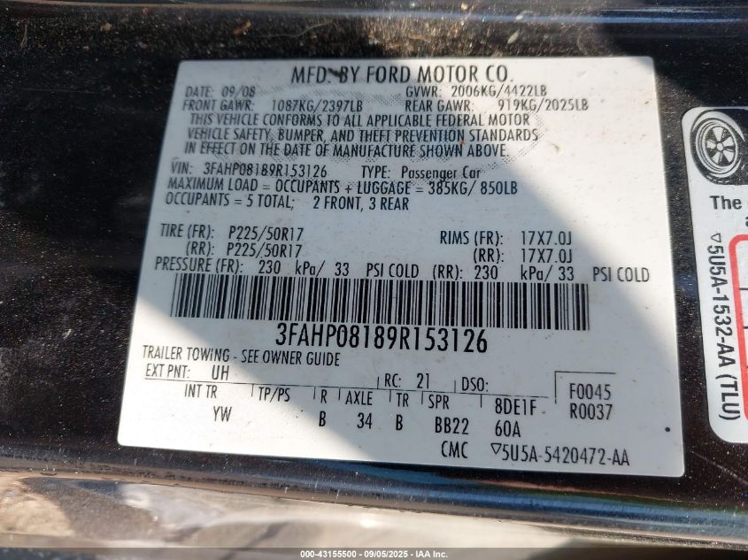 2009 Ford Fusion Sel VIN: 3FAHP08189R153126 Lot: 43155500