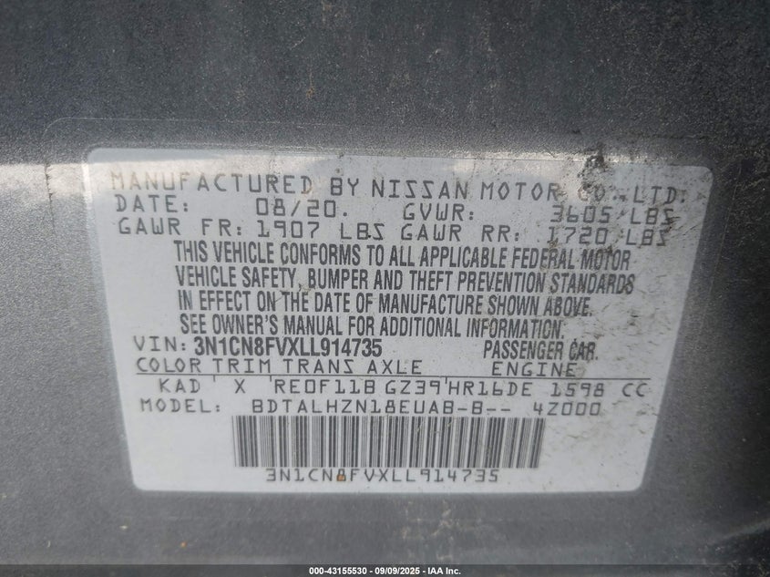 2020 Nissan Versa Sr Xtronic Cvt VIN: 3N1CN8FVXLL914735 Lot: 43155530