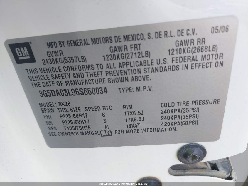 2006 Buick Rendezvous Cx VIN: 3G5DA03L96S660034 Lot: 43155547