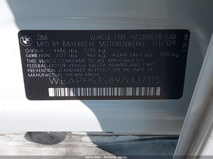 2009 BMW 328I VIN: WBAPH53589A437115 Lot: 43155551