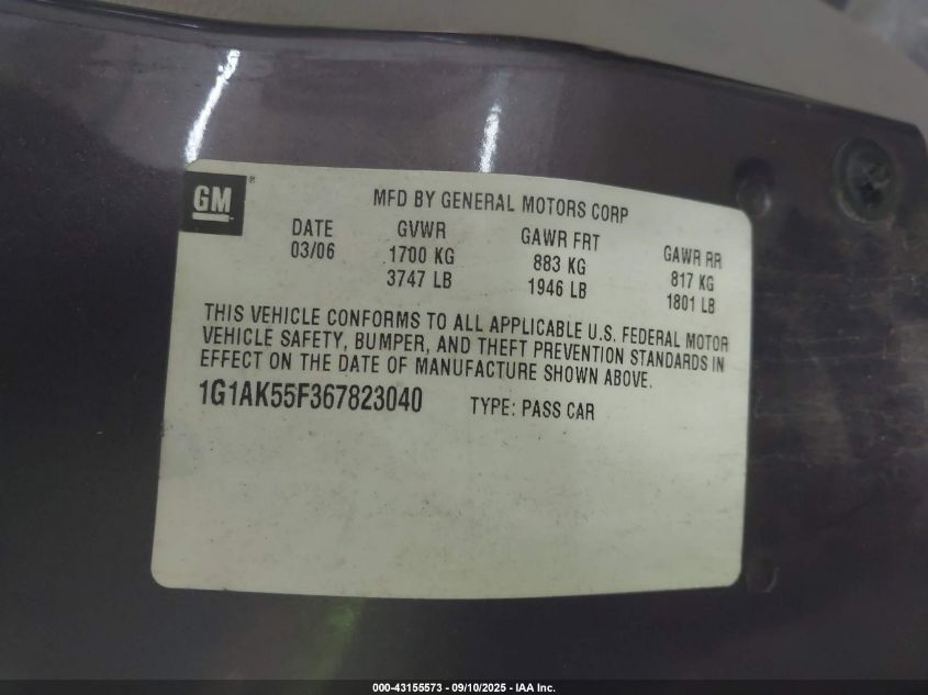2006 Chevrolet Cobalt Ls VIN: 1G1AK55F367823040 Lot: 43155573