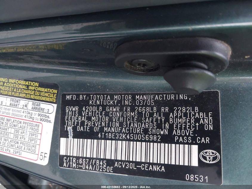 2005 Toyota Camry Le VIN: 4T1BE32K45U056982 Lot: 43155682