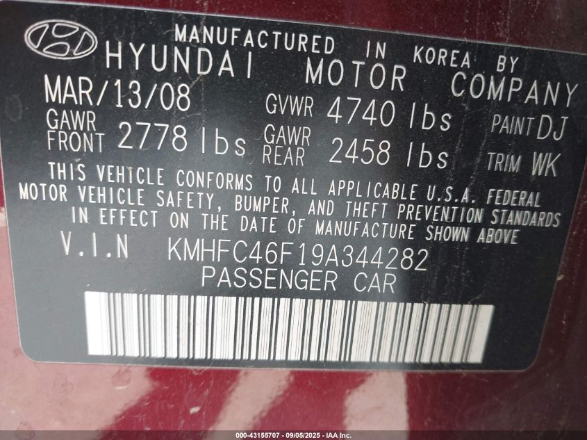 2009 Hyundai Azera Limited VIN: KMHFC46F19A344282 Lot: 43155707