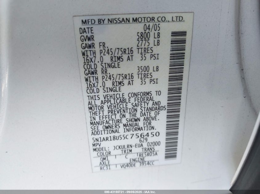 2005 Nissan Pathfinder Xe VIN: 5N1AR18U55C756450 Lot: 43155721