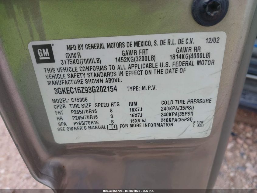 2003 GMC Yukon Xl 1500 Slt VIN: 3GKEC16Z93G202154 Lot: 43155726