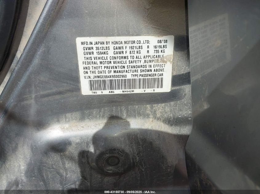 2009 Honda Fit Sport VIN: JHMGE884X9S002960 Lot: 43155730