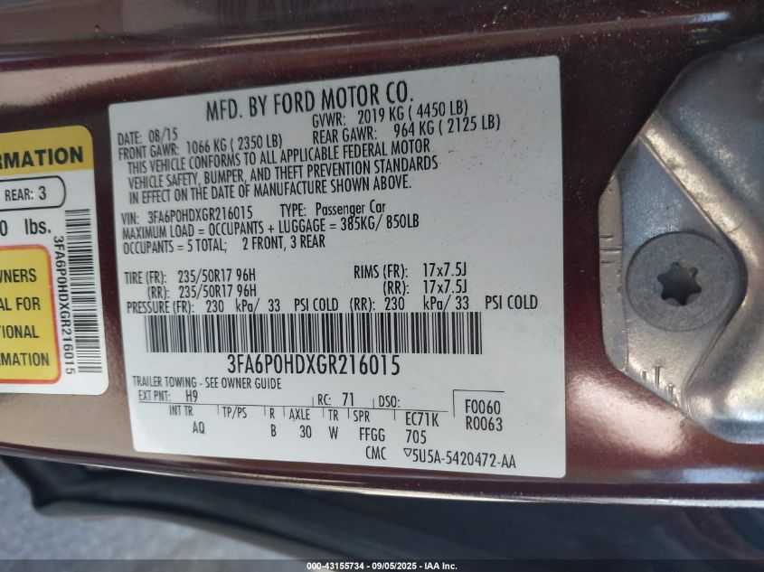 2016 Ford Fusion Se VIN: 3FA6P0HDXGR216015 Lot: 43155734